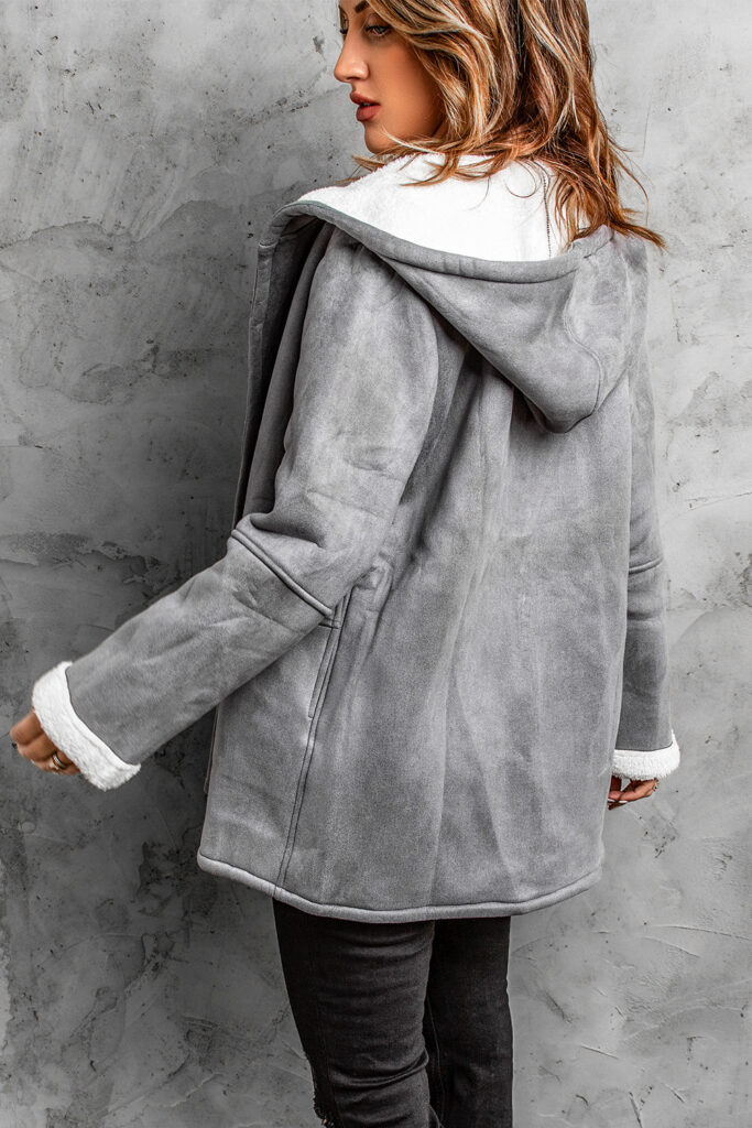 So Chic Hooded Buttons Pockets Suede Coat Black