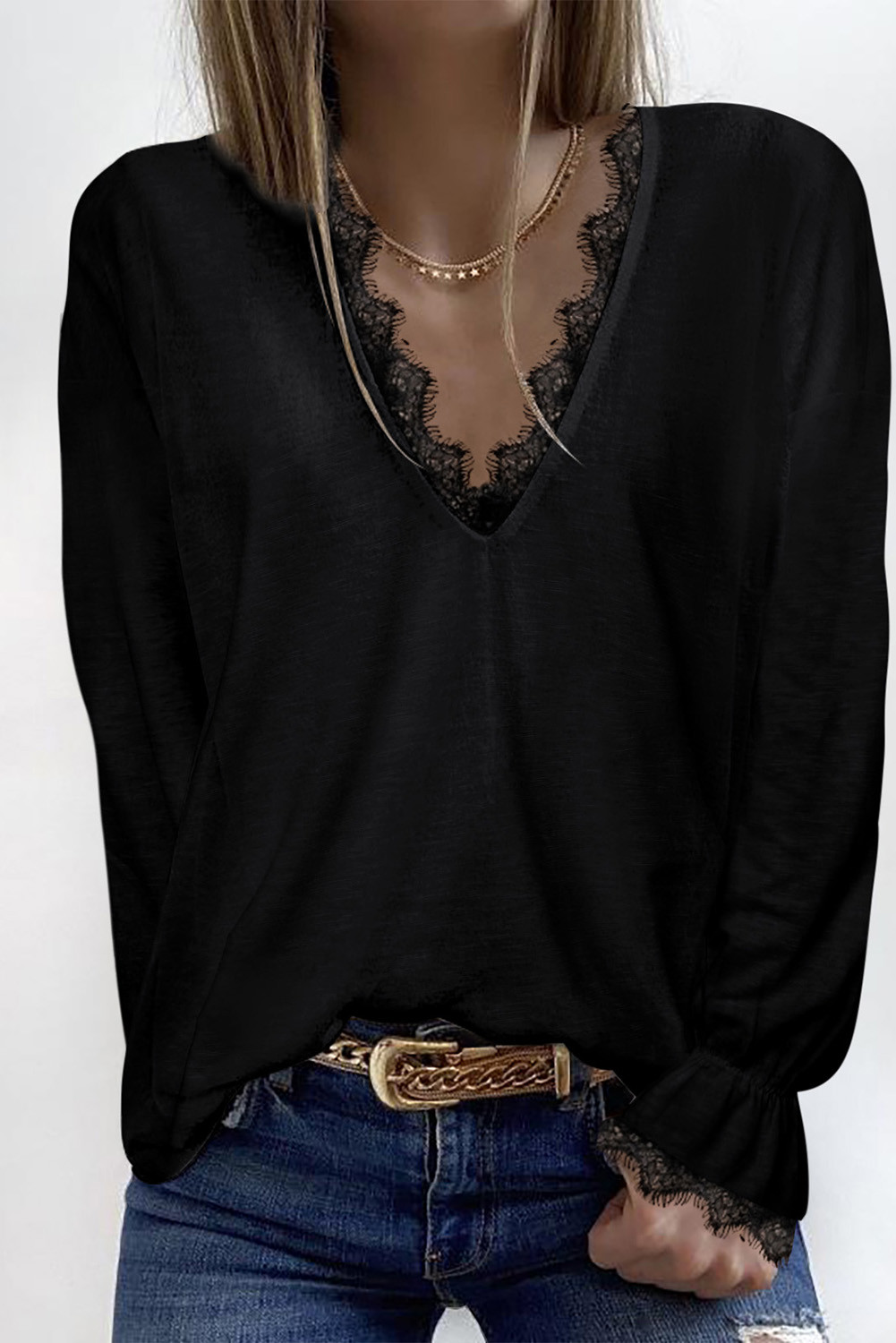 Lace V Neck Long Sleeve Top In Black