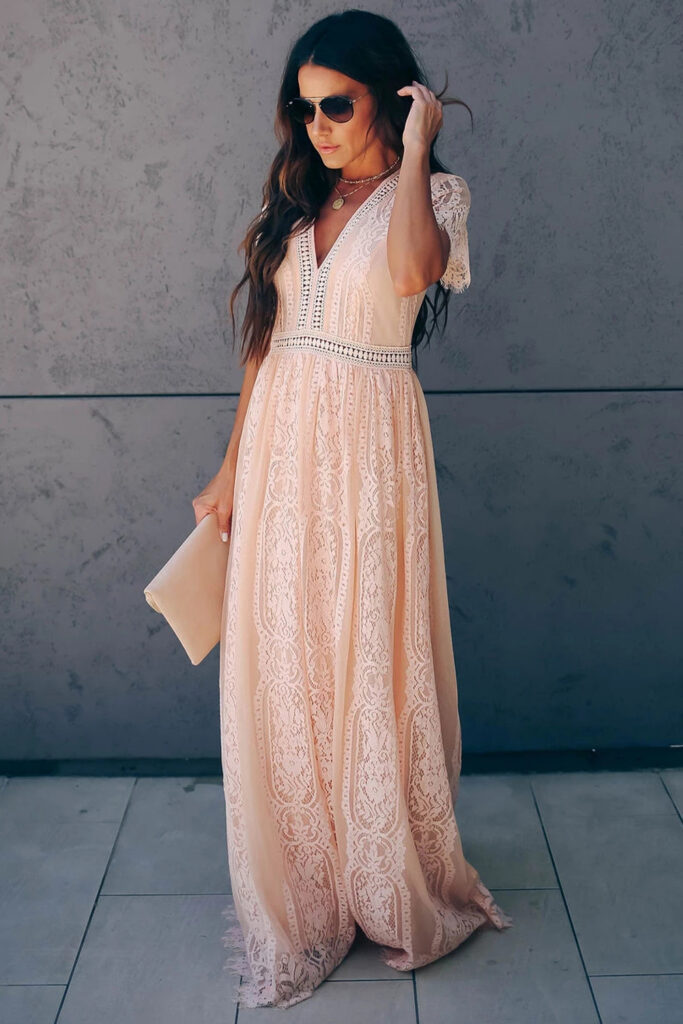 Deep V Neck  Lace Maxi Dress Σε Ροζ