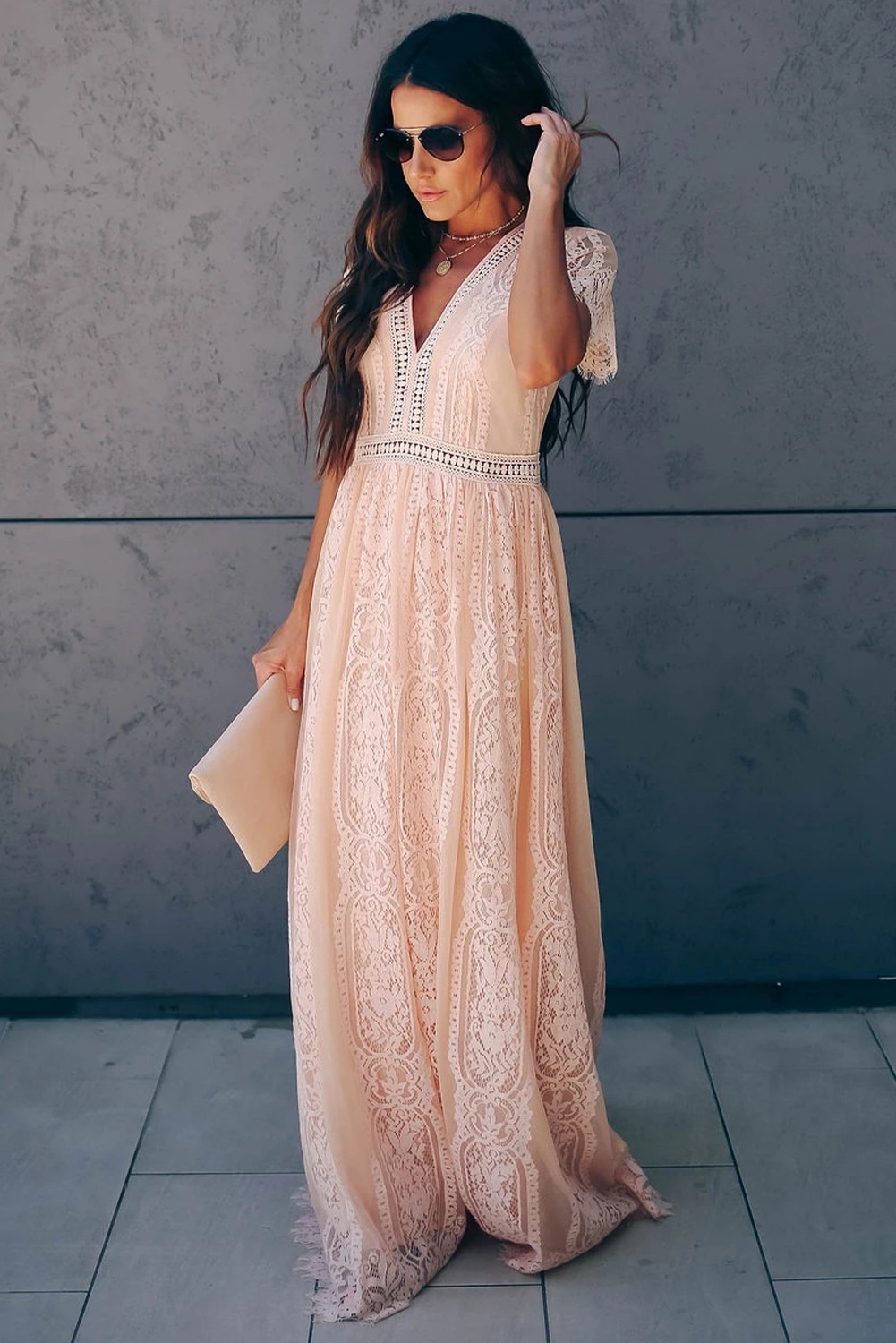 Deep V Neck Lace Maxi Dress Σε Ροζ 2277
