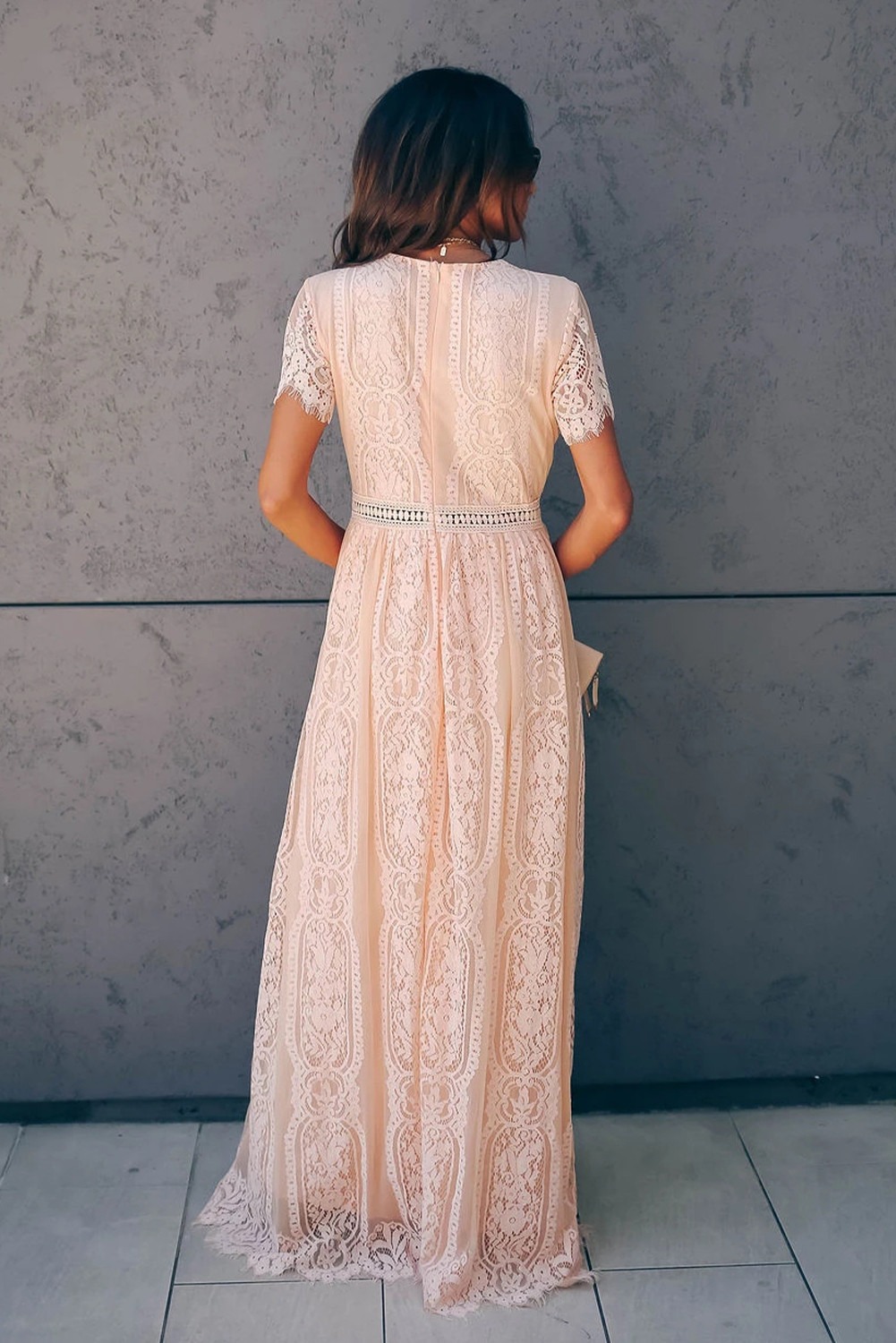 Deep V Neck Lace Maxi Dress Σε Ροζ 2277