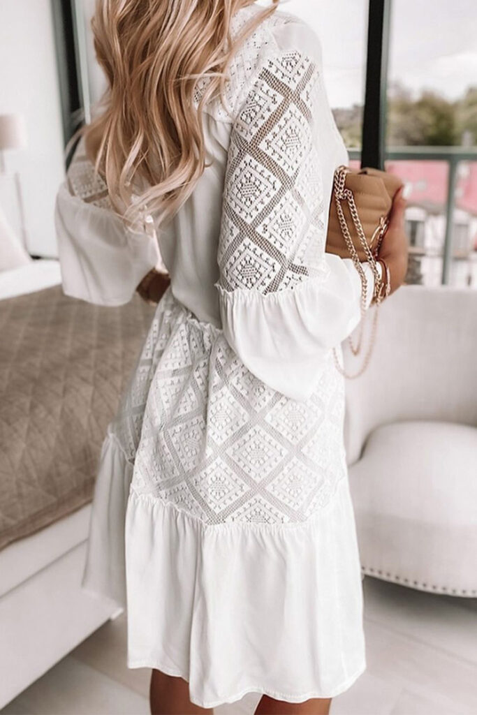 White V Neck Lace Splicing Mini Dress – Tunic