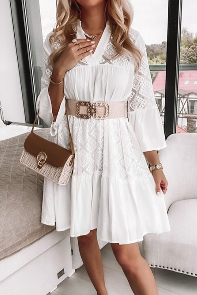 White V Neck Lace Splicing Mini Dress – Tunic