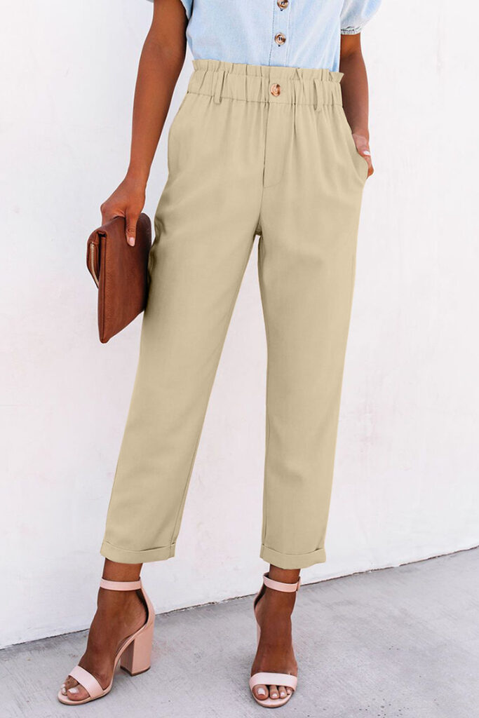Beige High Rise Waist Pocketed Casual Pants