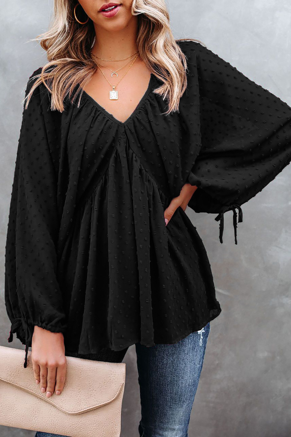 Lace-up V Neck Long Sleeve Top