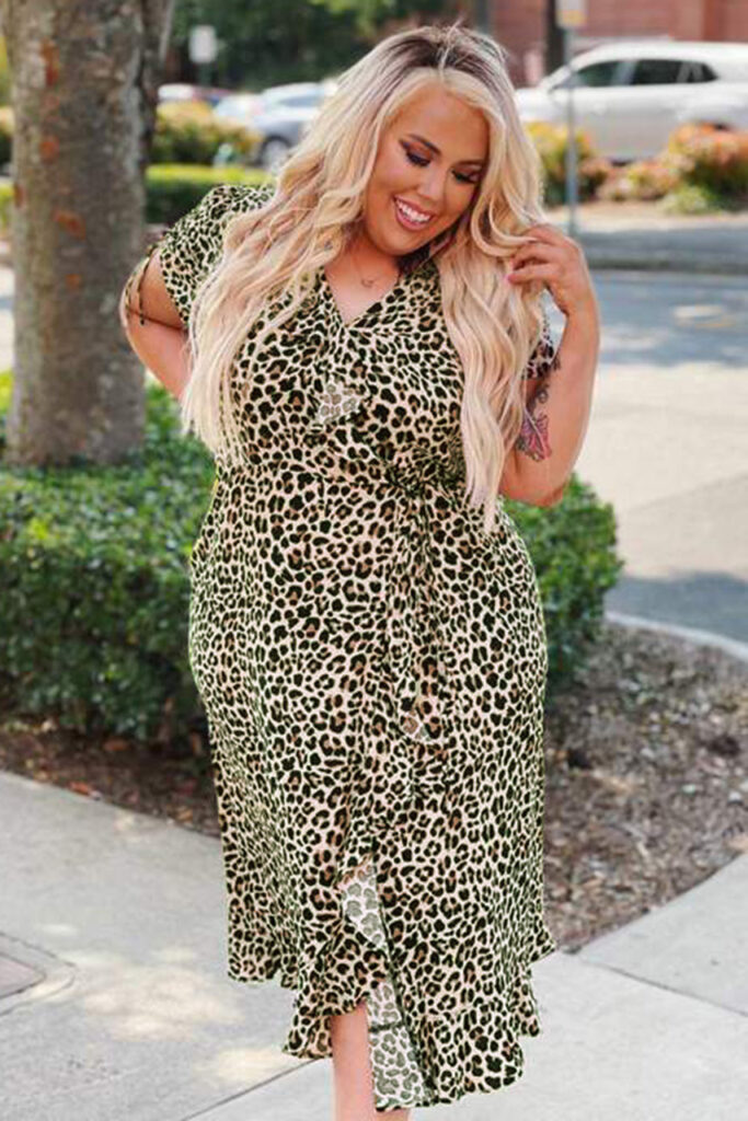 Leopard Print Ruffled Lace-up Midi Dress