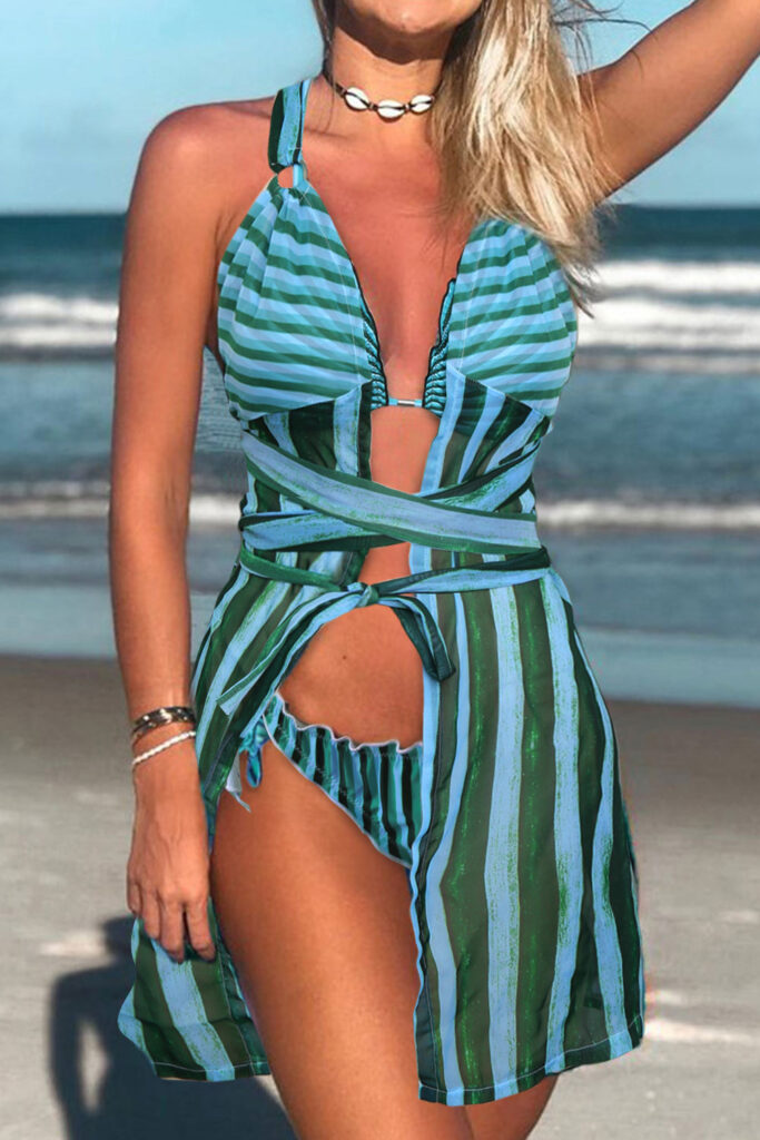 Light Blue Stripe Print Swimsuit 3ple Set