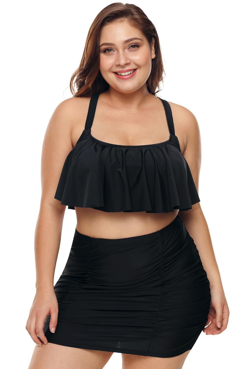 Black Strappy Ruffle Plus Size Two Piece Swimwear 3302