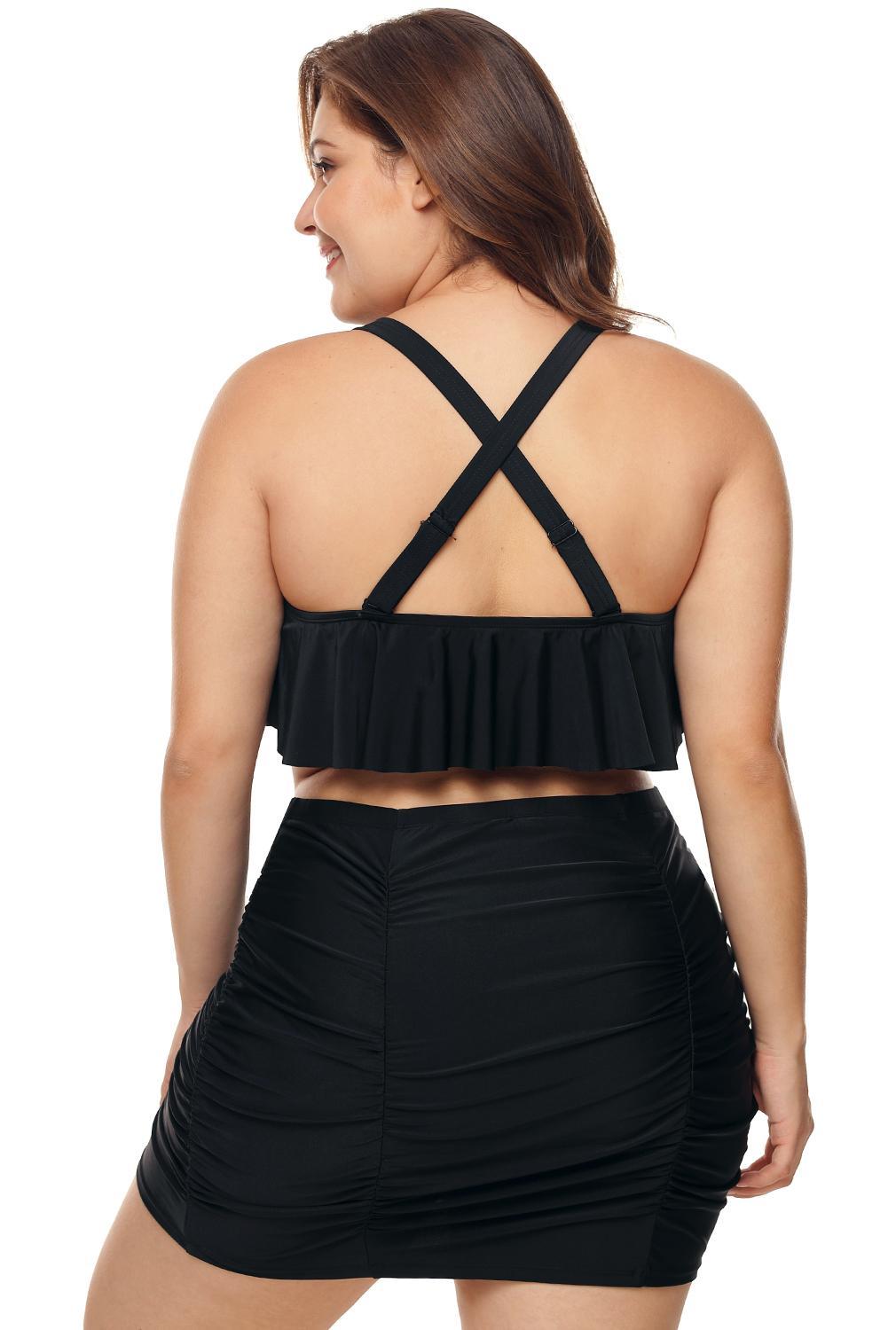Black Strappy Ruffle Plus Size Two Piece Swimwear 3302