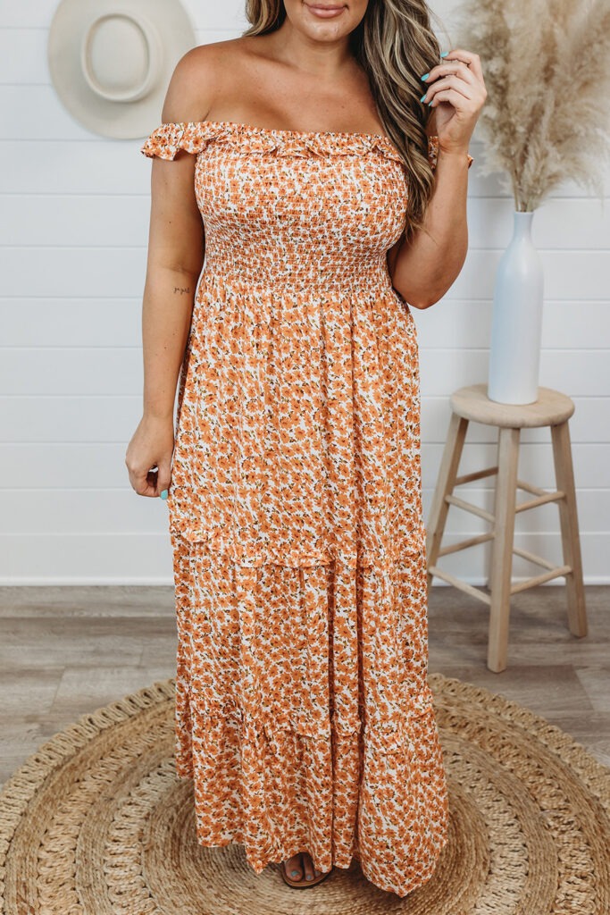 Orange Plus Size Floral Ruffle Maxi Dress