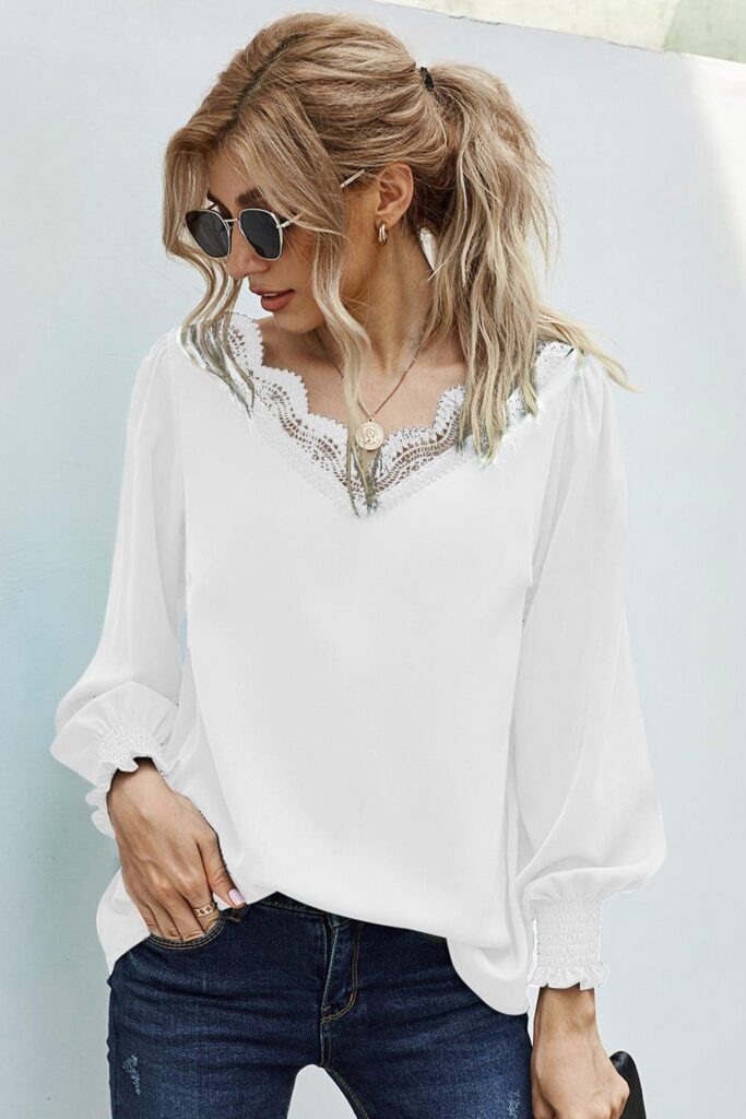 Lace V Neck Long Sleeve Top In White
