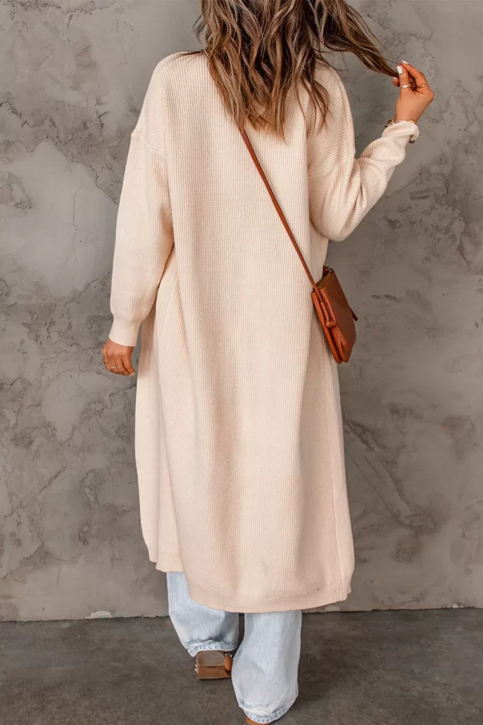 Knitted Drop Sleeve Open Front Cardigan-Beige