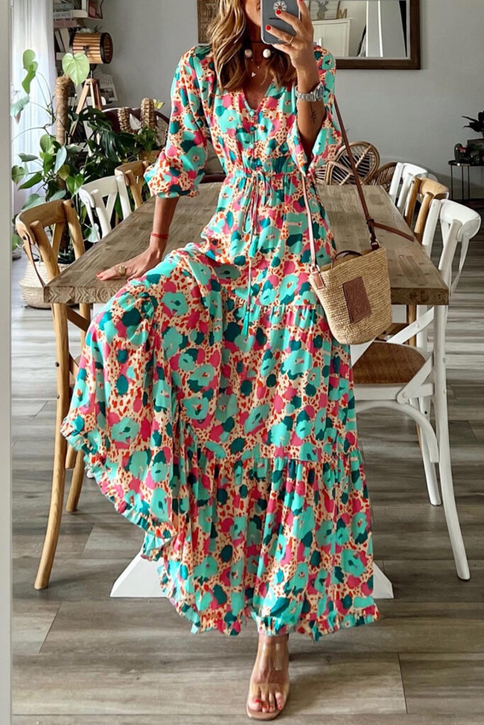 Multicolor Bohemia Ruffle Long Sleeve Maxi Dress