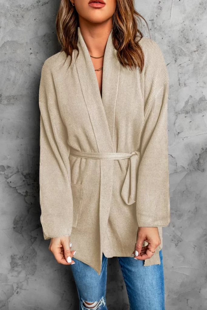Robe Style Rib Knit Pocketed Cardigan with Belt – Beige