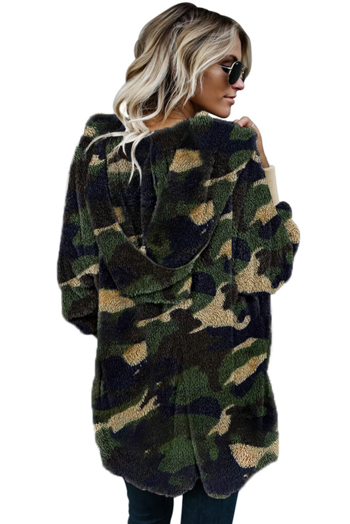 Green Camo Print  Fleece Hooded Open Front Coat