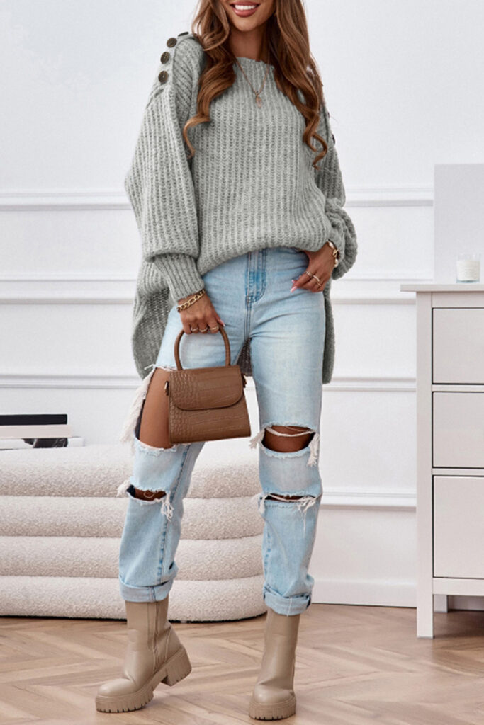 Buttoned Drop Shoulder Oversized Sweater – Grey
