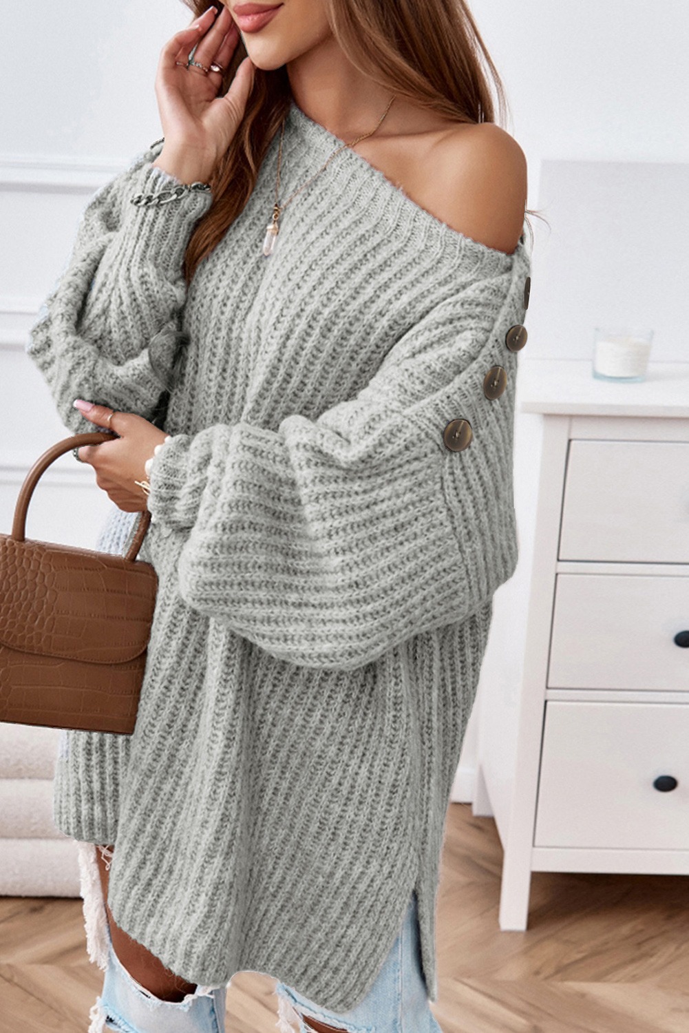 Buttoned Drop Shoulder Oversized Sweater – Grey