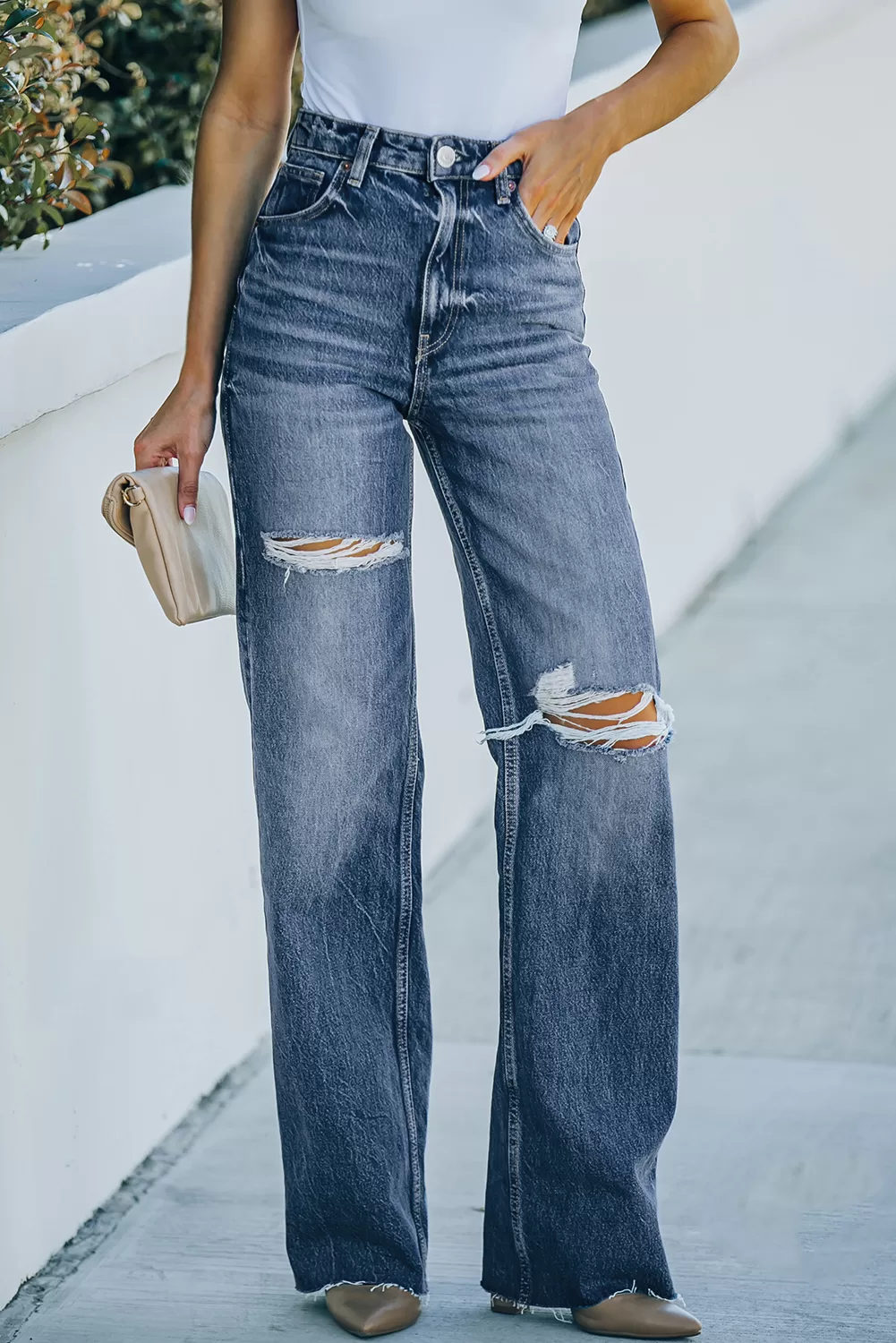 High Rise Ripped Loose Jeans- Μπλέ