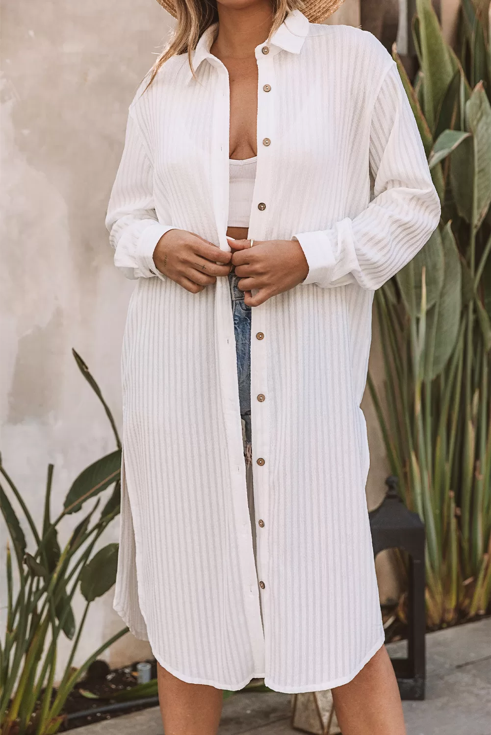 White Striped Cover Up Shirt Dress-7666