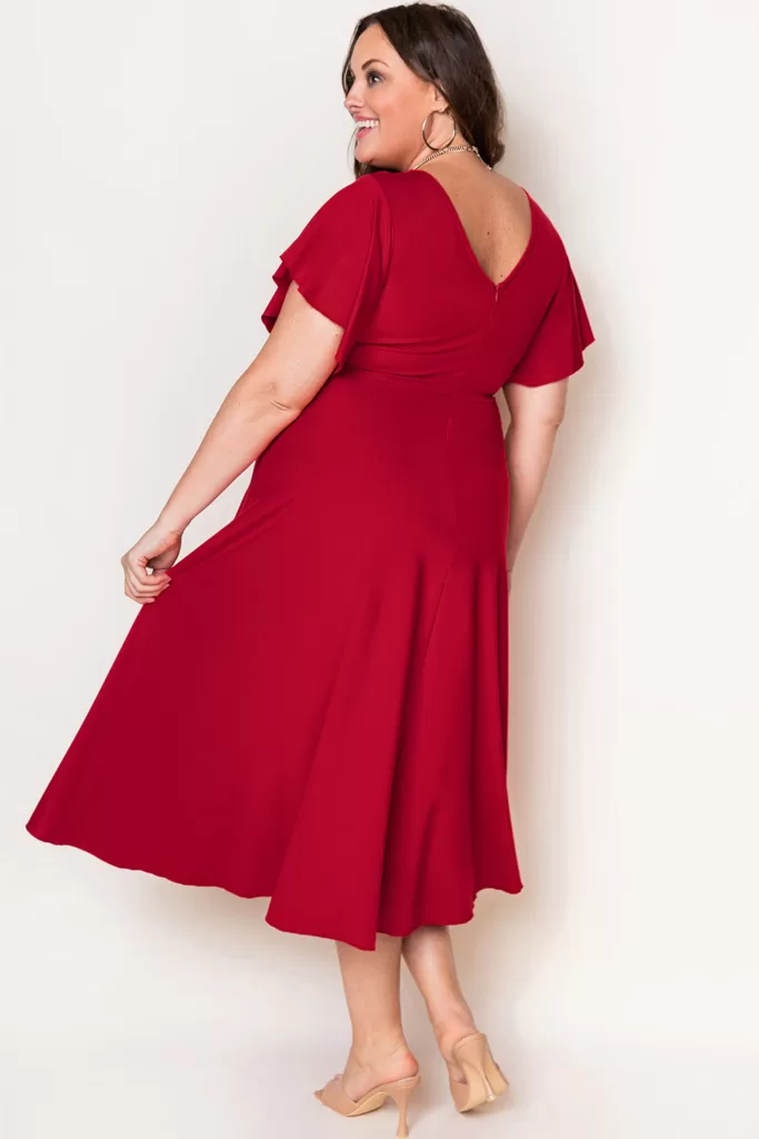 Harper Red Flutter Sleeve Midi Dress