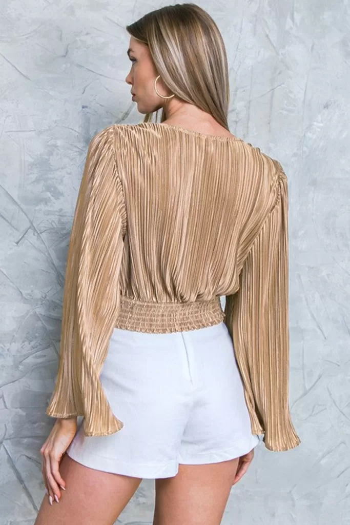 Camel Bell Sleeve Cropped Blouse With V