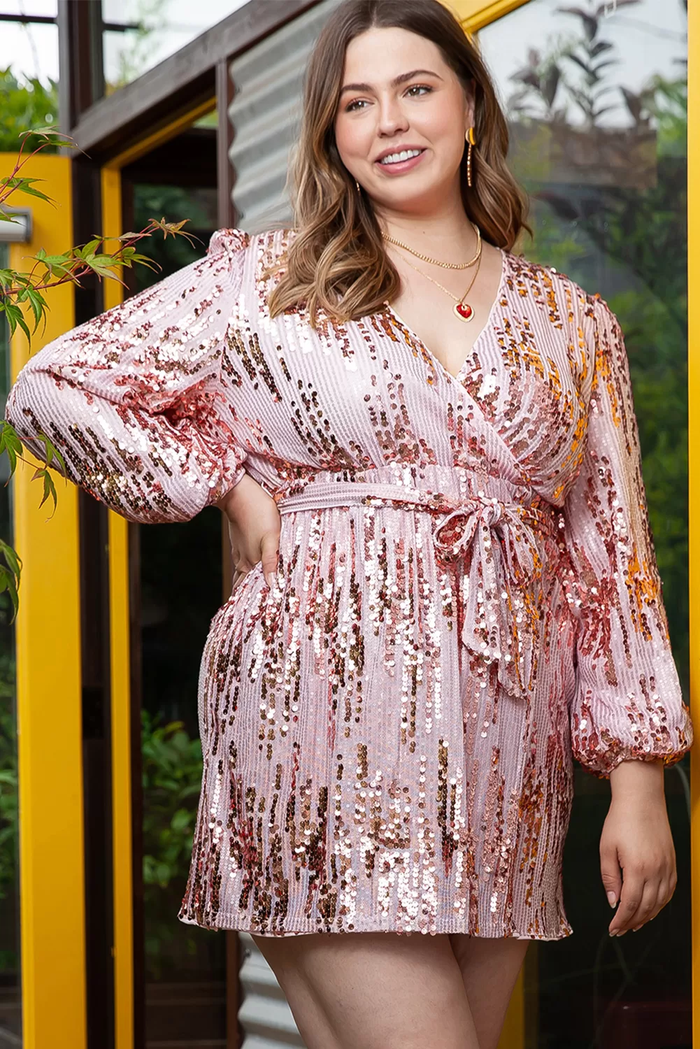 Φόρεμα Pink Sequin Plus Short Wrap Dress 3323