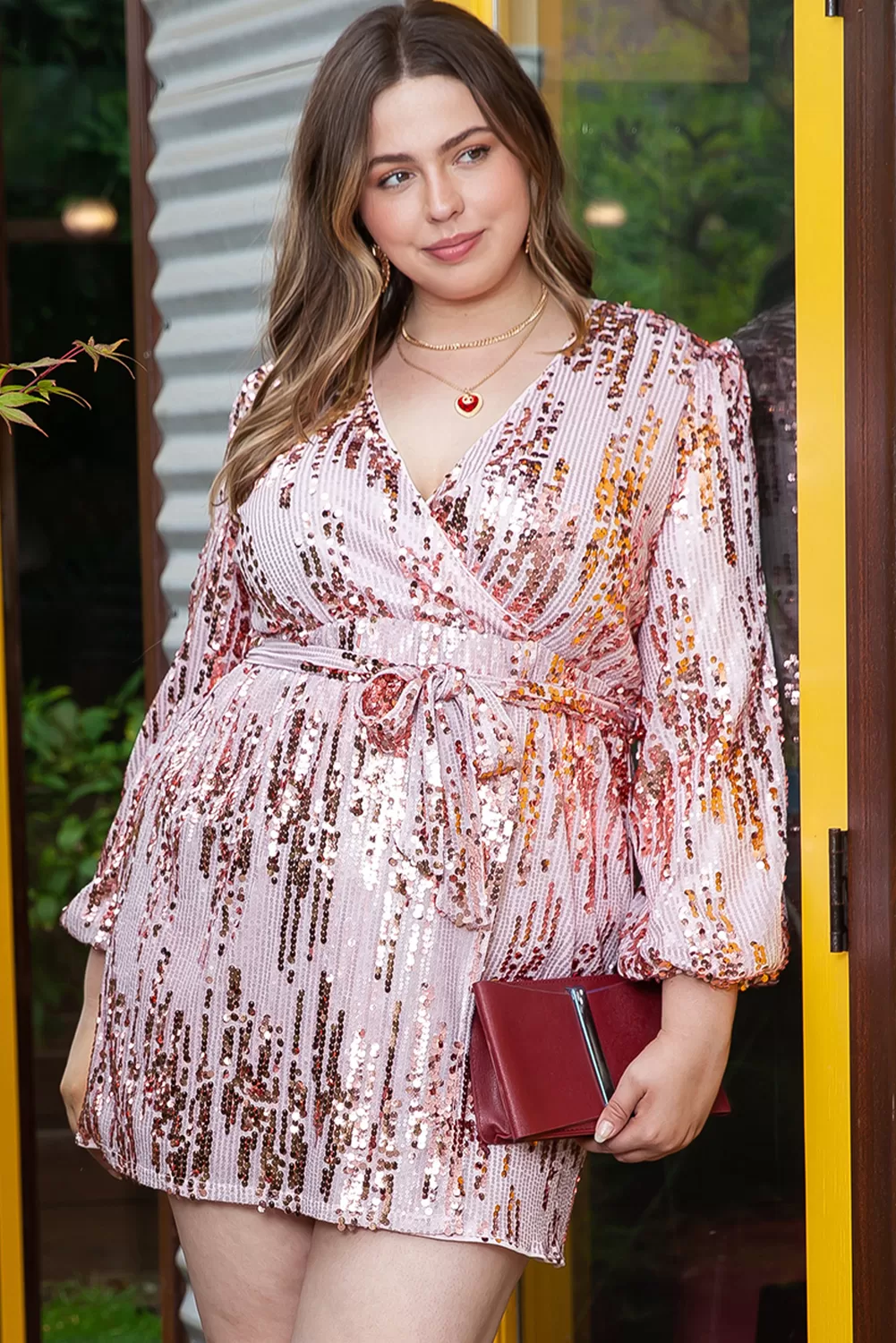 Φόρεμα Pink Sequin Plus Short Wrap Dress 3323