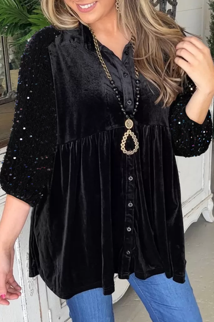 Μπλούζα Puff Sleeve Buttoned Velvet Sequin Blouse 7129