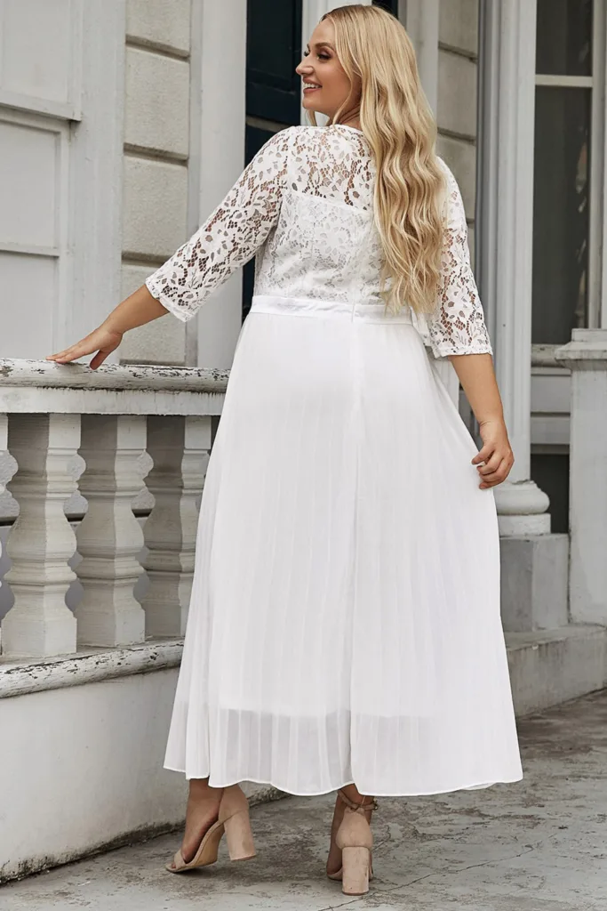 Φόρεμα πλισέ Δαντέλα 3/4 Μανίκι – White