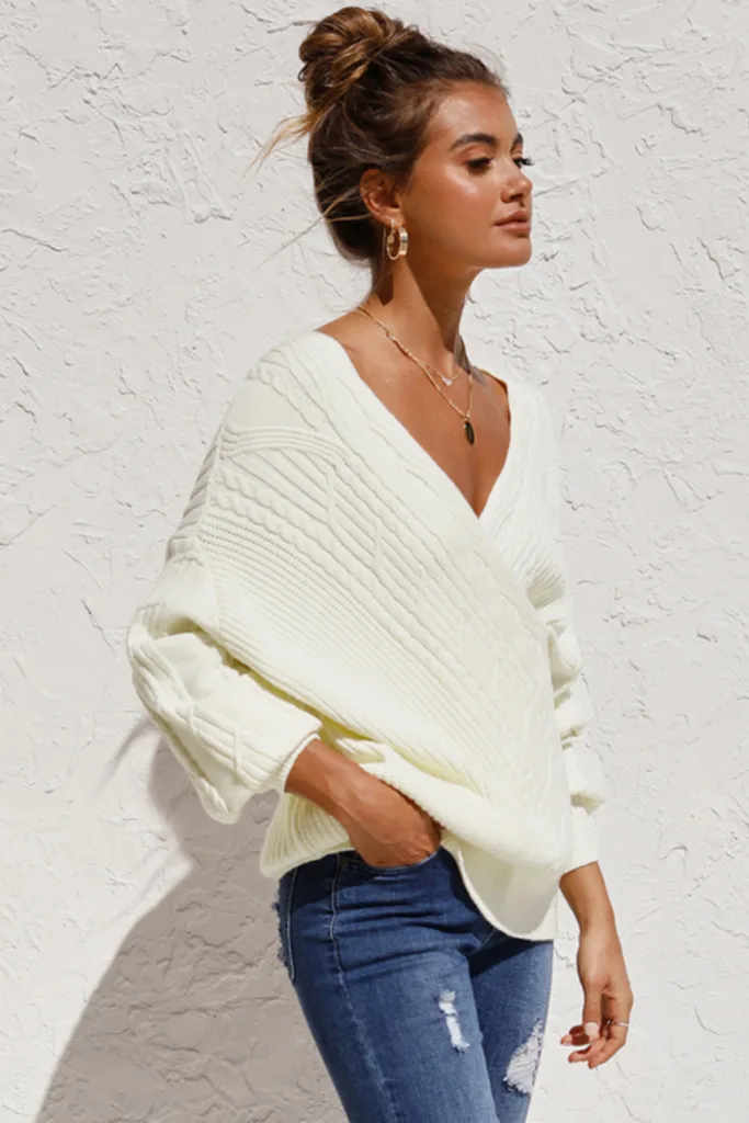V Neck Textured Sweater Σε Λευκό 2211