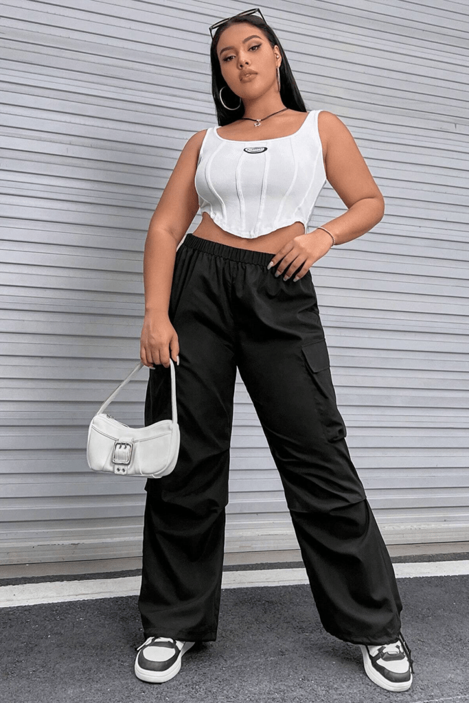 Plus Elastic Waist Cargo Pants in Black