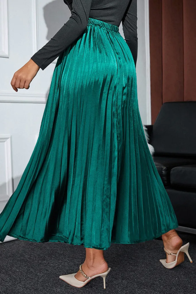 Green Satin Elastic Waist Pleated Maxi Skirt