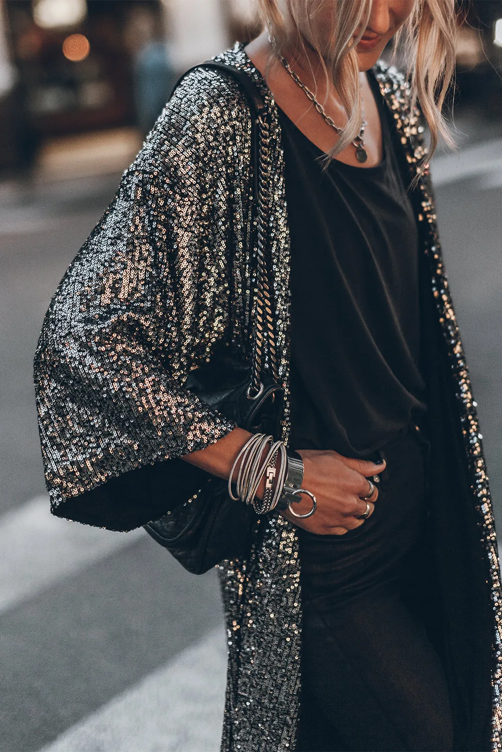 Silver Sequin Open Front Duster Kimono 9004