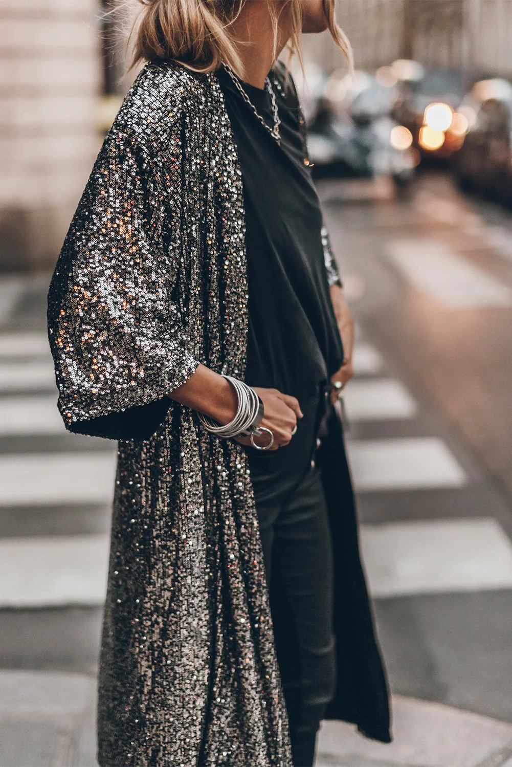 Silver Sequin Open Front Duster Kimono 9004