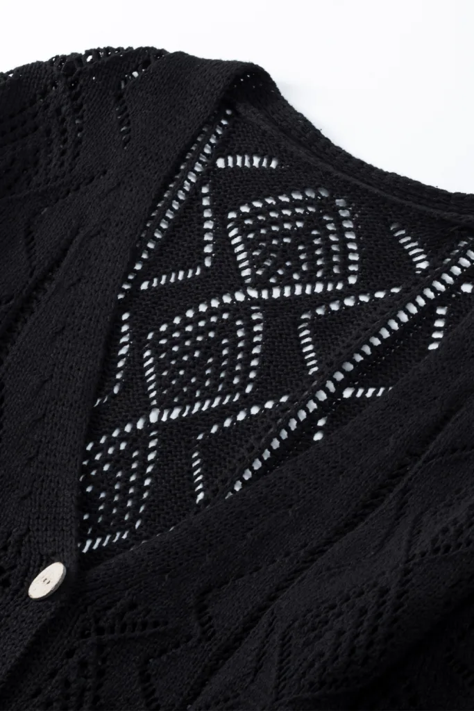 Black Hollow-out Openwork Knit Cardigan 3010