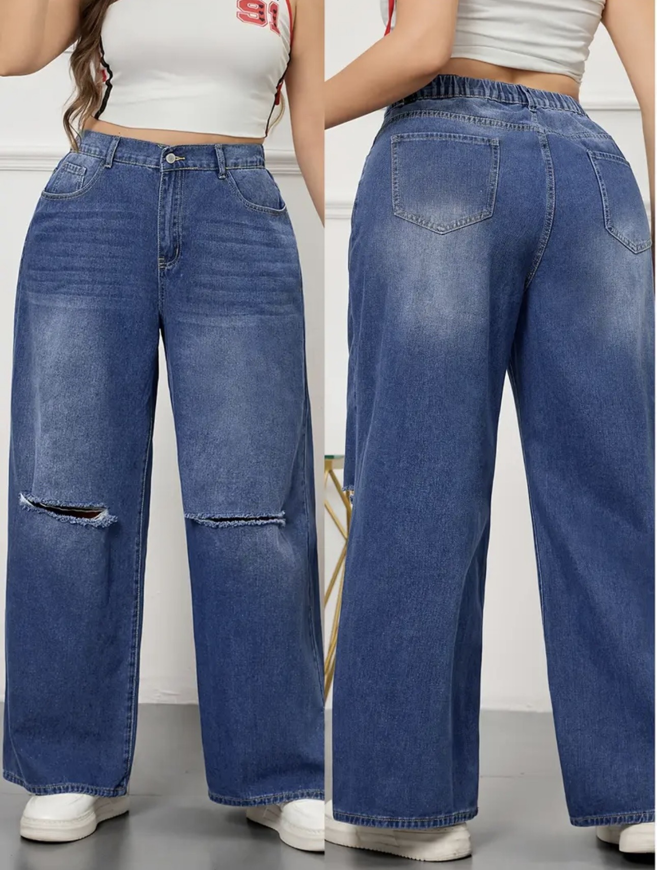 Street style essential – Ψηλόμεσο Plus Jean με σκίσιμο στο γόνατο - 2099