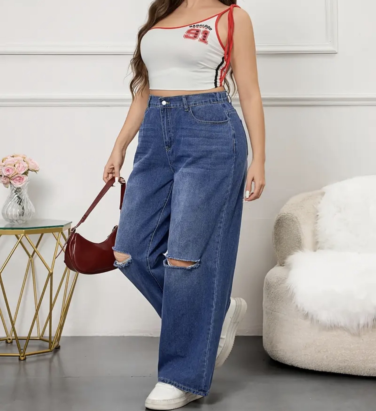 Street style essential – Ψηλόμεσο Plus Jean με σκίσιμο στο γόνατο - 2099