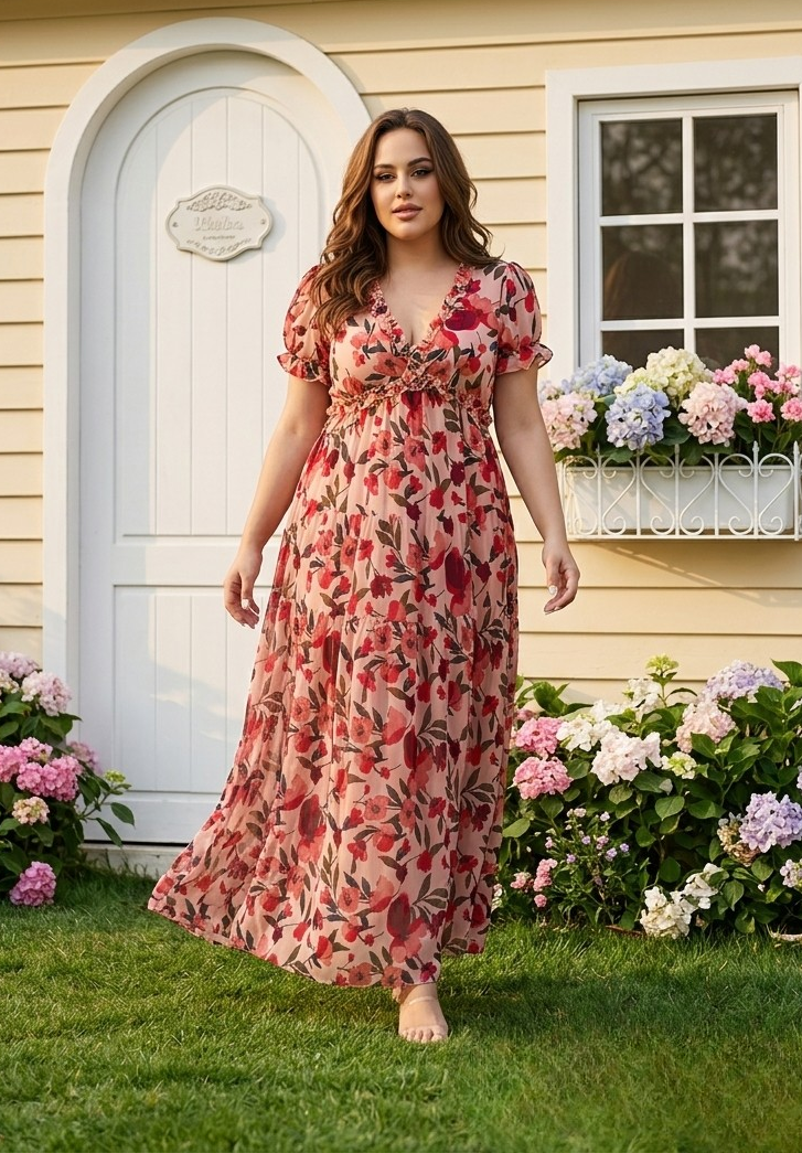 Wild Lotus Maxi Φλοράλ Φόρεμα Mε Βολάν & V Λαιμόκοψη Pink – 5596